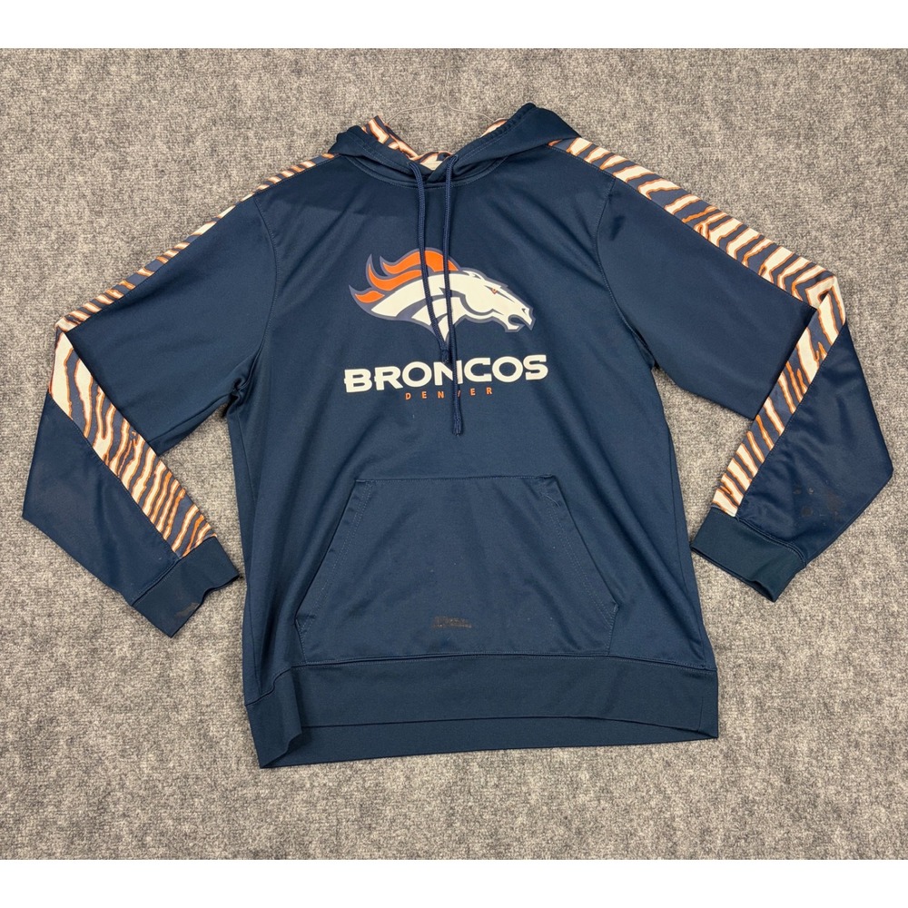 NFL Team Apparel Denver Broncos Navy Blue Striped Sleeve Hoodie Sweatshirt L